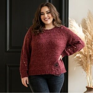 Umgee Cozy Distressed Oversized Off the Shoulder Crew Neck Knit Sweater